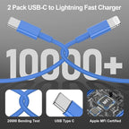 2Pack Blue Fast Charger Cable 10ft [Apple MFi Certified], USB Type C to Lightning Cable 10 Foot for Apple iPhone 14 13 12 Pro XR XS Max X 8 Plus