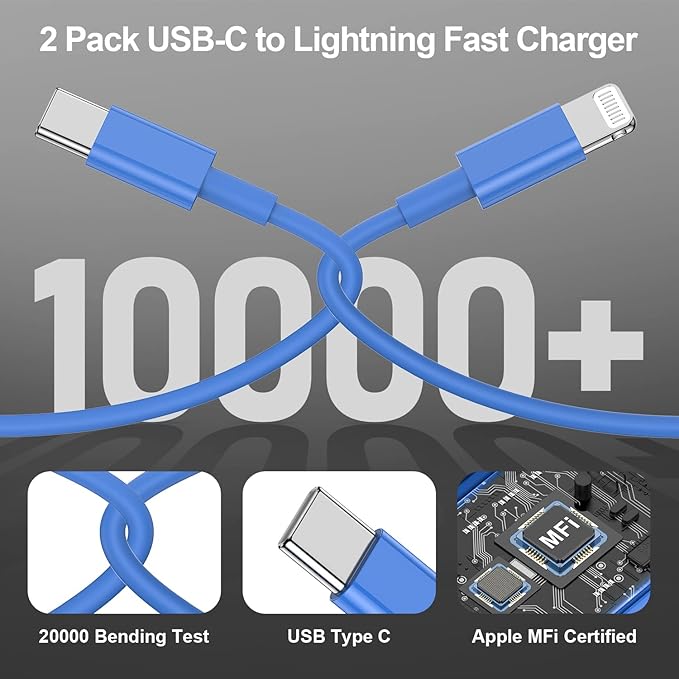 2Pack Blue Fast Charger Cable 10ft [Apple MFi Certified], USB Type C to Lightning Cable 10 Foot for Apple iPhone 14 13 12 Pro XR XS Max X 8 Plus