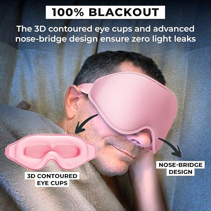 FlyHugz® 3D Travel & Home Sleep Mask | Ultra-Soft, 100% Light-Blocking Eye Mask for Deeper Sleep | Zero Eye Pressure, Adjustable Strap with Nose Bridge Design | Perfect for Travel and Insomnia