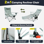 2-in-1 Reclining Camping Chair, Portable Folding Beach Lounge Chair with Footrest & Adjustable Backrest, Comfortable Lawn Chair for Adults Heavy Duty with Cup Holder for Outdoor Poolside Sports