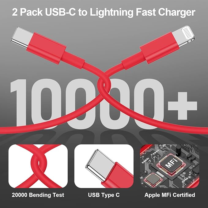2Pack Red Fast Charger Cable 10ft [Apple MFi Certified], USB Type C to Lightning Cable 10 Foot for Apple iPhone 14/13 /12 Pro XR XS Max X 8 Plu