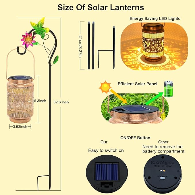 Gifts for Mom, Mothers Day Gift Solar Lanterns Outdoor, Mother Birthday Gift from Daughter Son, Metal Solar Hanging Hummingbird Lights with Shepherd Hook for Outside Garden Yard Patio Pathway