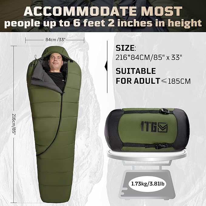 Sleeping Bag for Adults, Warm Weather Camping Mummy Sleeping Bags (25-36℉) with Adjustable Hood, Phone Pocket & Compression Sack for Hiking Travel Hunting