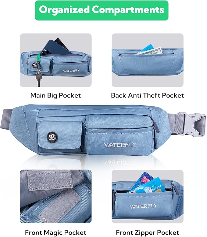 WATERFLY Fanny Pack for Women Men Water Resistant Small Waist Pouch Slim Belt Bag with 4 Pockets for Running Travelling Hiking Walking Lightweight Crossbody Chest Bag Fit All Phones
