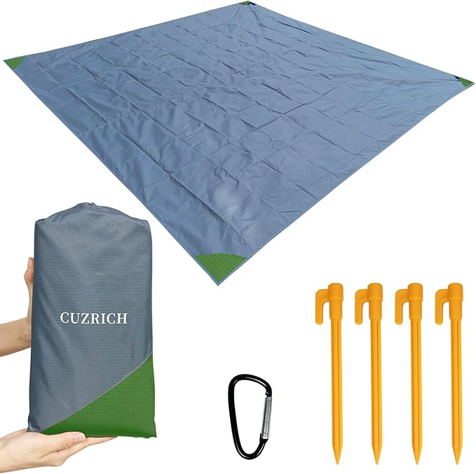 Pocket Beach Blanket Large Foldable Picnic Mat Portable Lightweight Camping Tarp Tent Blankets Washable Rug Quick Dry Compact Beach Mats Hiking Outdoor Essentials (Gray/Green118*110" / 9.19ft×9.84ft)