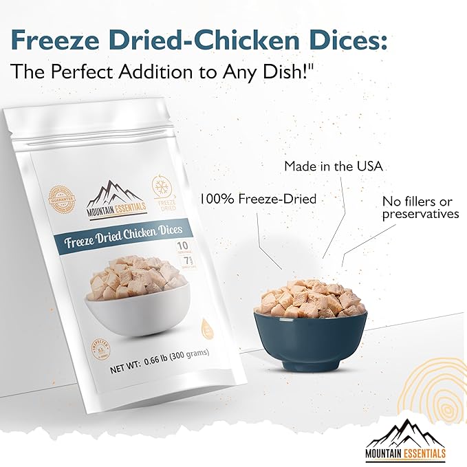MOUNTAIN ESSENTIALS Freeze-Dried Diced Chicken – Fully Cooked and Ready to Eat | Everyday Pantry Staple for Meal Prep, Camping & Emergency Survival | Premium Quality Meat | 10 Servings per Pouch | Made in USA | 7-Year Shelf Life | Pack of 1