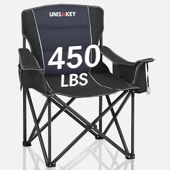 Oversized Folding Camping Chair for Adults - 450lbs Support - Heavy Duty Portable Lawn Chairs with Side Pocket Cup Holder Cooler Bag for Sports Garden Beach Fishing, Black