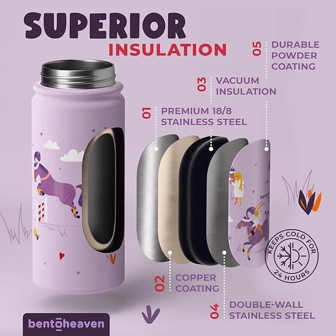 Bentoheaven Kids Water Bottle Stainless Steel for Boys & Girls, 2 Lids (Chug & Straw), Handle & Silicone Boot, Reusable Metal Leak-proof Insulated Tumbler, School & Sports 17oz (Purple)