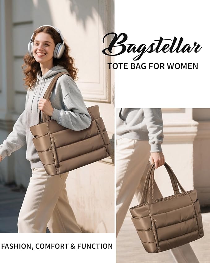Puffer Tote Bag for Women, Lightweight Puffy Work Handbag Teacher Nurse Quilted Shoulder Bag for School Travel Gym