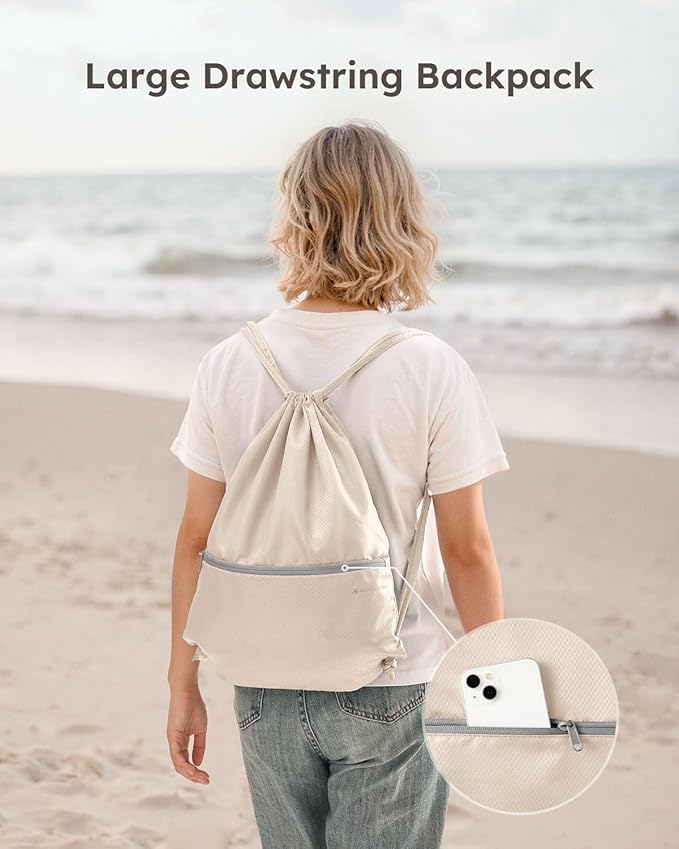 4 Set Compression Packing Cubes for Travel, Bonus Versatile Drawstring Backpack, Lightweight Luggage Organizer Bags, Sturdy Travel Accessories for Suitcase, Beige