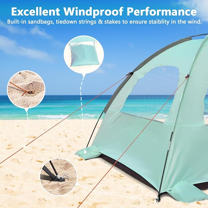 NXONE Beach Tent Sun Shade Shelter for 3/4/6 Person Person with UV Protection, Extended Floor, 3 Mesh Roll Up Windows & 8.0/8.5mm Fiberglass Rods丨Carry Bag Included