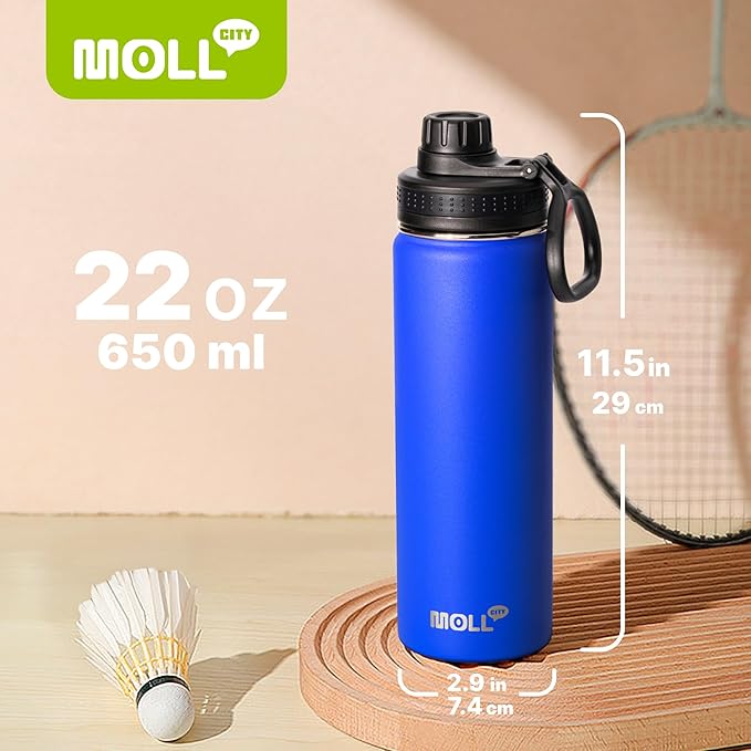 22 oz Water Bottle-Stainless Steel Vacuum Insulated Sports Water Bottle with Leak Proof Spout Lid-Reusable Metal Wide Mouth Water Flask for Travel(Navy)