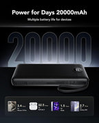 VRURC Portable Charger 20000mAh, Built-in Cable Fast Charging Power Bank, PD QC 3.0 Travel Essentials Battery Pack, 4 Output & 2 Input Phone Charger for iPhone,Samsung, Android-Black