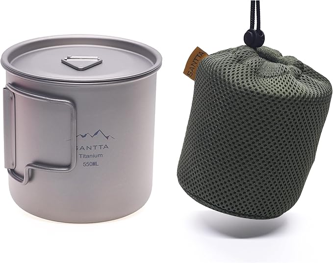 SANTTA Camp Cup MUG with Lid & Pouch, 18.6 oz Ultra Light Titanium Cup with Foldable Handle Camping Mug 550mL