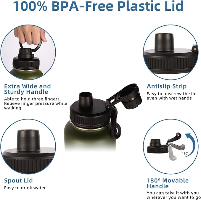 Volhoply 40 oz Insulated Water Bottles Paracord Handle, Stainless Steel Sports Bottle with Spout Lid, Reusable Double Walled Vacuum Metal Travel Cups with Wide Mouth for Adults (Army Green, 1 Set)