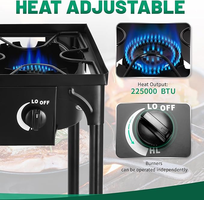 Outdoor Camping Stove, 225000 BTU, Propane Gas Cooker with Detachable Legs, High Pressure 3 Burner, 30 PSI Regulator