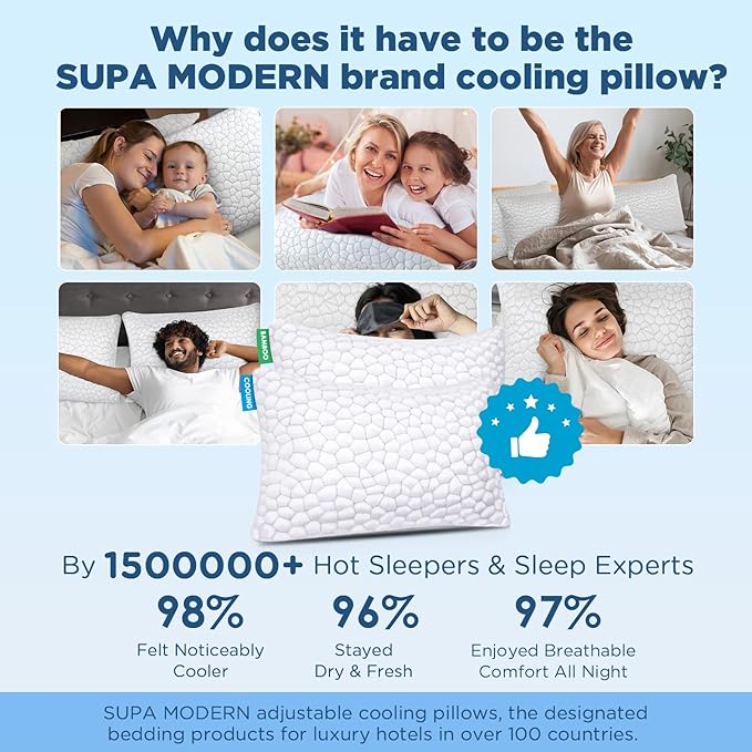 SUPA MODERN Cooling Pillows Queen Size Set of 2, Shredded Memory Foam Pillows for Sleeping 2 Pack, Adjustable Firm Bed Pillow for Side Back Stomach Sleepers, Cool Luxury Gel Pillow for Neck Support