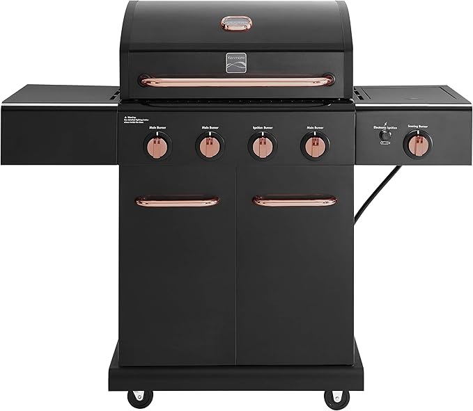 Kenmore 4-Burner BBQ Gas Grill with Searing Side Burner, Propane Grill, 52,000 BTUs, Warming Rack, Electronic Ignition & Cast Iron Cooking Grates, Black/Copper