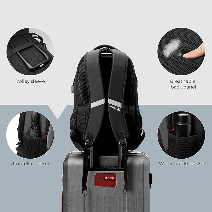 Swissdigital Design Laptop Backpack, Travel Backpack with USB Charging Port Fits 15.6 inches Computer, 31L College School Bookbag for Men, Black/Grey | SD803-02