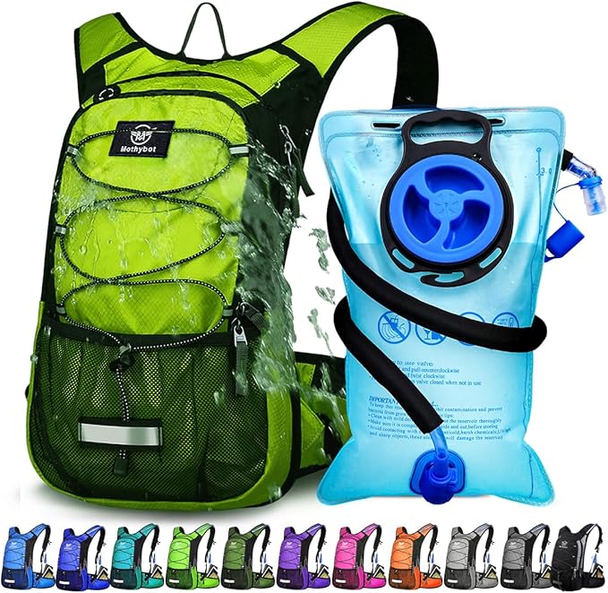 Insulated Hydration Backpack Pack with 3L BPA Free Leak Proof Water Bladder, Large Storage Lightweight Hiking Daypack with Waist Pouches & Cooler Layer, for Running, Biking, Camping, Festival