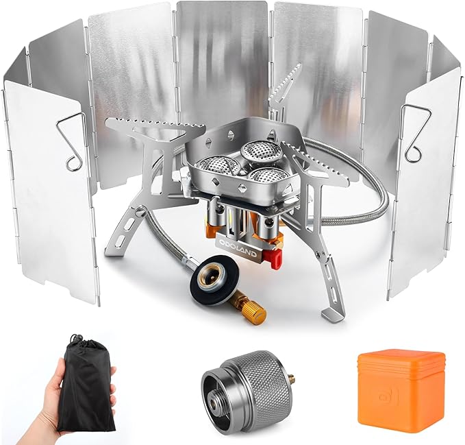 Odoland 3500W/6800W Windproof Camp Stove Camping Gas Stove with Windscreen, Fuel Canister Adapter, Piezo Ignition for Outdoor Backpacking Hiking and Picnic