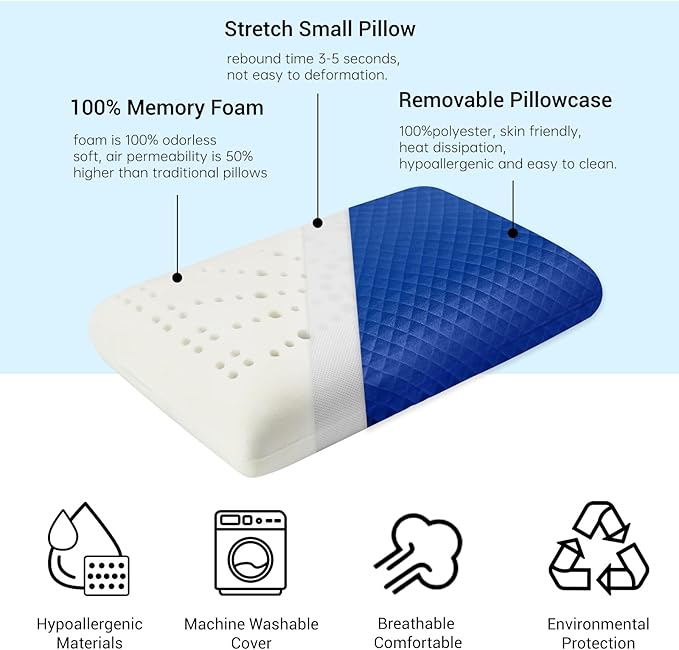 Camping Pillow Memory Foam, Easy to Fold, Camping Essentials, Small Travel Pillows with Portable Bag, Hiking Pillow for Backpacking, Anti-Pilling Pillow Cover (Blue)
