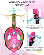 Snorkeling Gear for Kids Teens, Full Face Snorkel Mask & Adjustable Swim Fins Snorkel Set, Panoramic View Snorkel Mask with Dry Top System & Gear Bag, Anti-Fog Anti-Leak