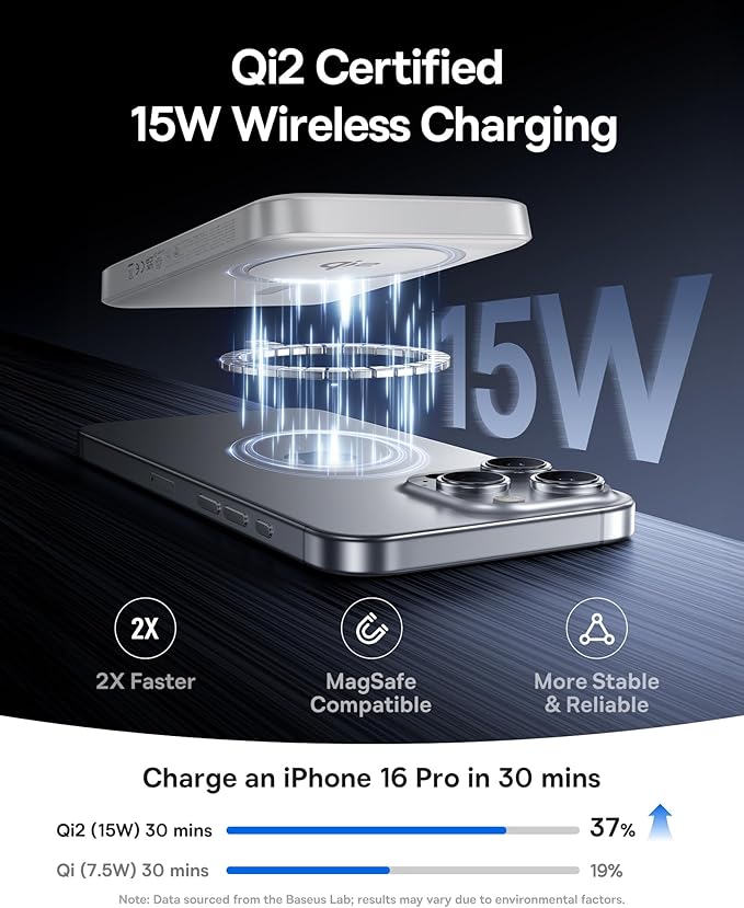 Baseus for MagSafe Portable Charger, Qi2 Certified 15W Wireless Magnetic Power Bank 10000mAh with USB-C Cable 22.5W PD Charging, Battery Pack Compatible with iPhone 17/16/15/14/13 Pro/Pro Max Series