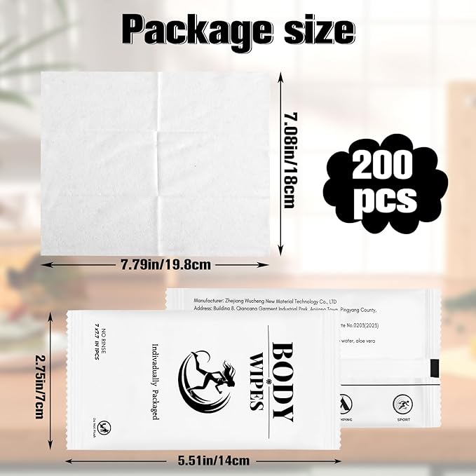 200 Pcs Body Wipes Individually Wrapped Bulk,Body Wipes for Women and Men,Shower Wipe for Adults Bathing No Rinse, Personal Cleansing Wipe for Travel Gym Camping Outdoors Sports