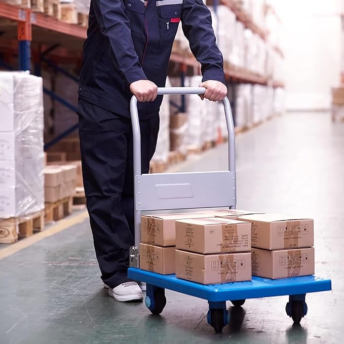 Heavy Duty Flatbed Hand Cart - Foldable Metal Handle Mute Wheels Ideal for Baggage Books Moving - High Capacity Transport Trolley (350 lbs)