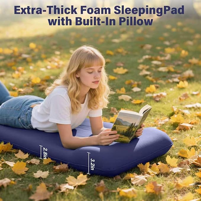 INVOKER 3.15" Camping Sleeping pad, Ultra-Thick Elasticity Foam Fast Self-Inflating 4-Season Insulated Durable Camping Mat Air Mattress with Pillow, for Tent, Car, Camping, Traveling, Blue