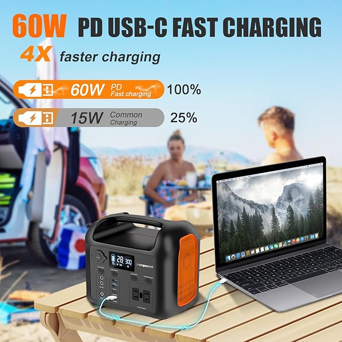 Portable Power Station, 300W (600W Peak) 299Wh LiFePO4 Solar Generator Pure Sine Wave 110V AC Car Outlets PD 60W QC3.0 Backup Power Supply Bank for CPAP Outdoor RV Camping Emergency Home Use