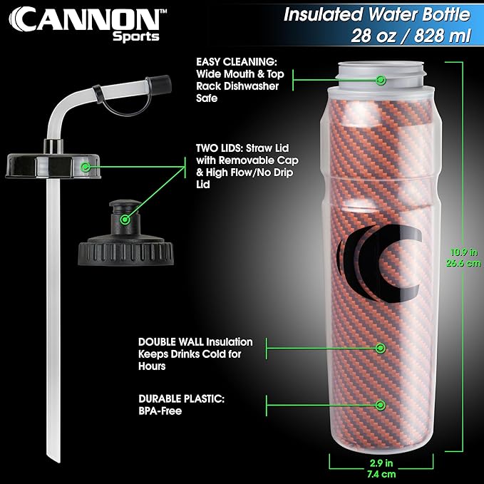 Cannon Sports 28oz Insulated Squeeze Water Bottle with Straw, Leak Proof Lids, 2 lids (Straw and Squeeze), Double Wall Insulation, Wide Mouth, BPA-Free (Orange)