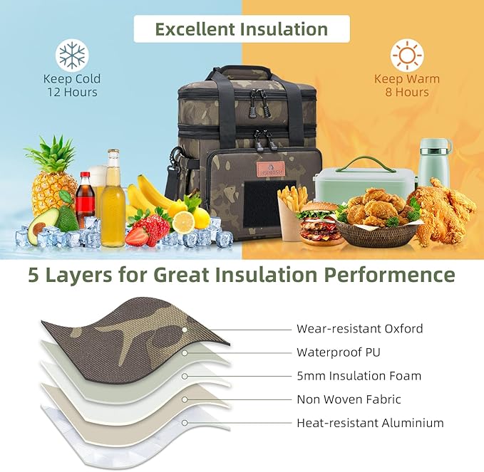 HSHRISH Xlarge Expandable Tactical Lunch Box for Adults, Durable Insulated Lunch Bag with Lots of Storage Space, for Men Work Office Outdoor Picnic Trips Camping,22 L, Black-Camo