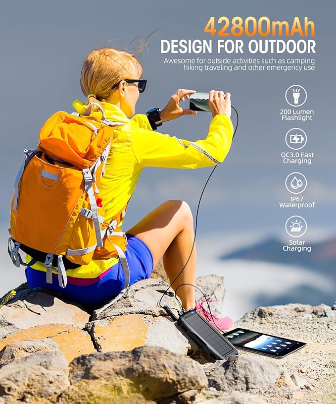 Solar Charger Power Bank 42800mAh, Portable Charger, Solar Power Bank,External Battery Pack 5V3.1A Qc 3.0 Fast Charger Built-in Super Bright Flashlight (Black)