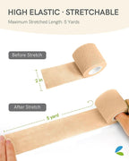 FriCARE Self Adhesive Bandage Wrap, Medical Tape in First Aid Kit, Cohesive Bandages for Wounds Sport Vet, FSA/HSA Eligible, 2 Inches X 5 Yards 6 Rolls, Tan