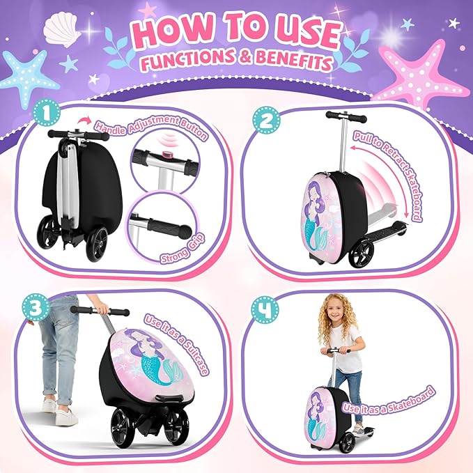 Baotree Scooter Suitcase for Kids, 2 in 1 Ride-on Luggage with Flash PU Wheels, Adjustable Handle & TPR Non-Slip Grip, Foldable & Lightweight, Ages 5-12