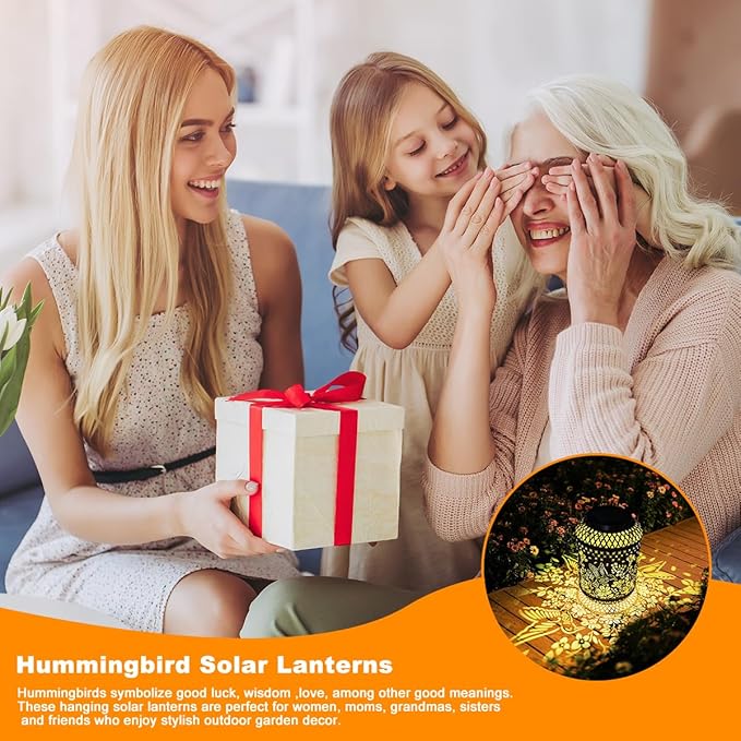 Hummingbird Solar Lanterns Outdoor Waterproof Garden Decor Birthday Gifts for Women Mom Grandma Metal Hanging Solar Lights for Yard Patio Backyard Lawn Porch Decorations,1Pcs