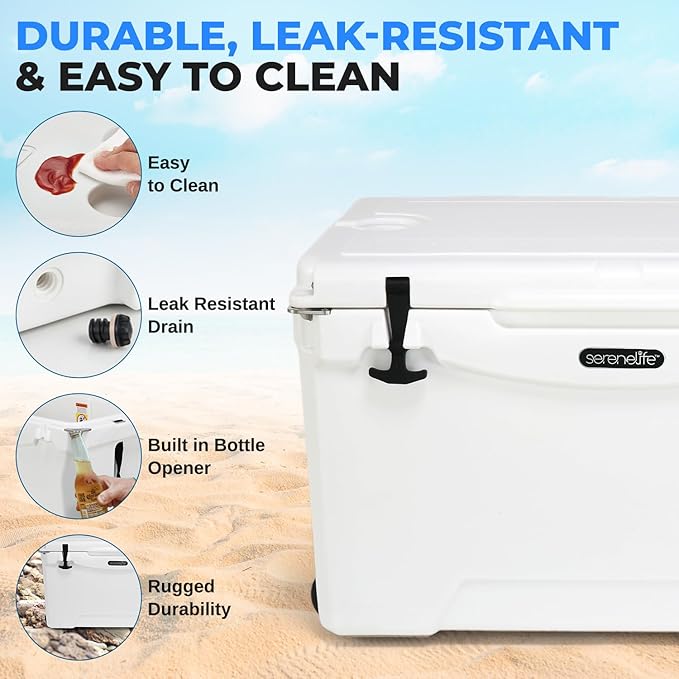 SereneLife Ultra-Tough 25-75 Quart Rotomolded Cooler Box, Holds Upto 64 Cans, Keeps Ice Up to 5 Days, Heavy-Duty Insulated Portable Ice Chest Box, Ideal for Camping, Beach, Picnics, Tailgating, etc