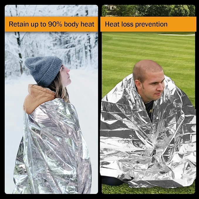 5-Pack Emergency Mylar Thermal Blankets, 82"x62" Space Blankets Foil Blanket, XL Camping Blanket for Outdoors, Hiking, Survival kit, Bug Out Bag，Marathons or First Aid, Silver