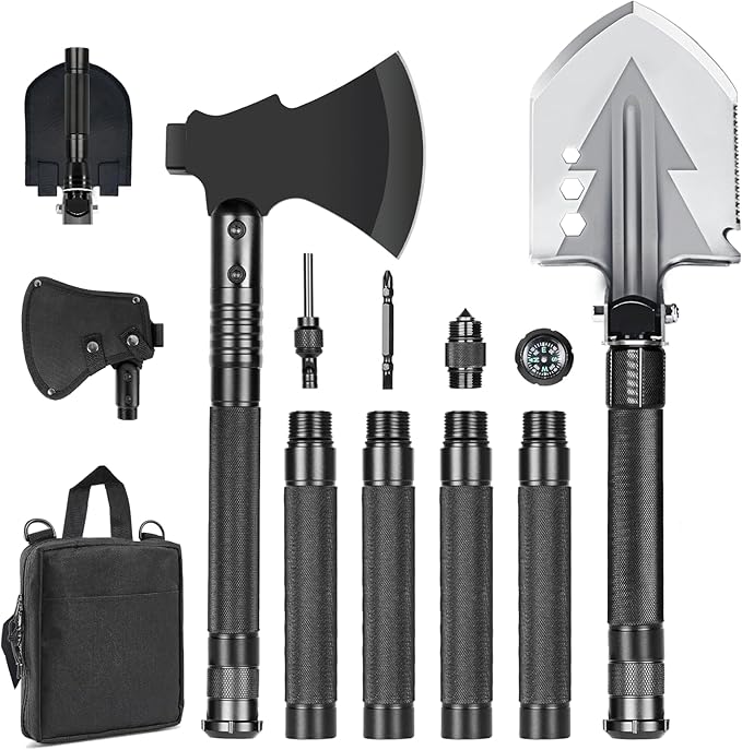GOJAWAY 16 in 1 Multitool Survival kit, Camping Shovel Military Axe, 40" Foldable Spade with Portable Bag and Hatchet, for Car Emergency Offroad Entrenching Tool