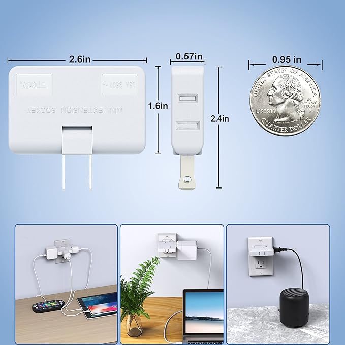 ETwinCoo 3 Way Flat Wall Outlet Extender Safe AC Adapter - 2-Prong Swivel Mini Indoor Wall Tap Plug, Outlet Splitter (Quick & Easy Install) Perfect for Home and Travel, Type A, White (3 Pack)