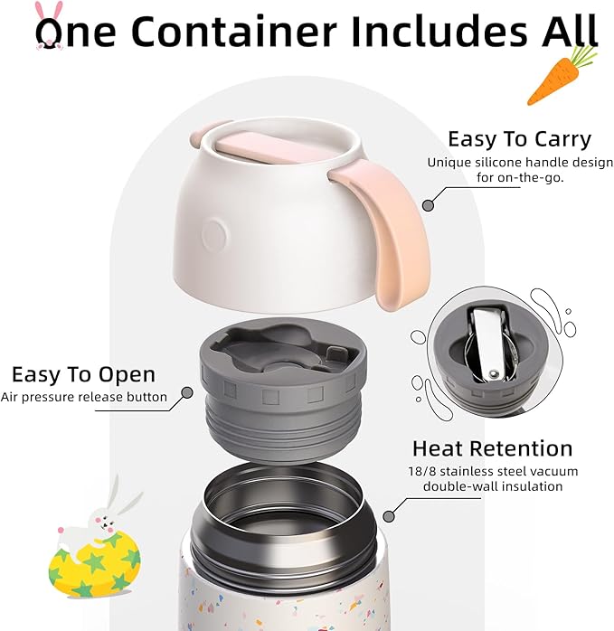 Thermo for Hot Food for Adults Kids | Wide Mouth, 18 oz Insulated Food Jar with Spoon, Leakproof Soup Thermo for School Office Travel, Thermal Steel Lunch Container Easy to Carry (White)