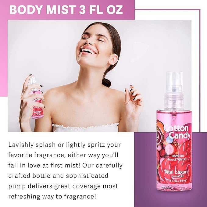 Bath and Body Gift Set, Cotton Candy Scented, 3-Piece Travel Size Collection, Shower Gel, Body Lotion, Body Mist, 3 Fl Oz Each (Cotton Candy)