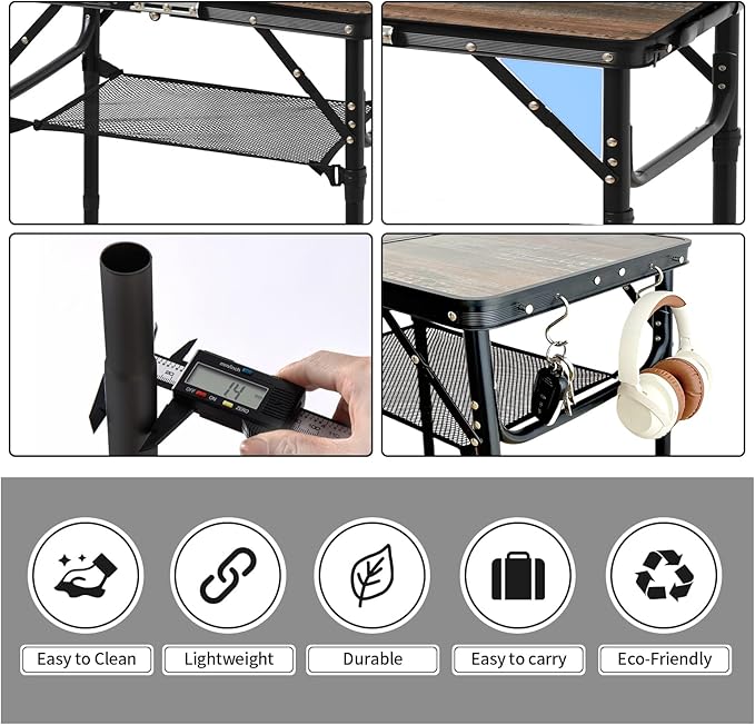 Folding Picnic Table 2ft Portable Camping Table Adjustable Heights Metal Aluminum Lightweight Foldable Small Outdoor Card Table with Carry Handle for Outside Indoor Camp Cooking BBQ Beach