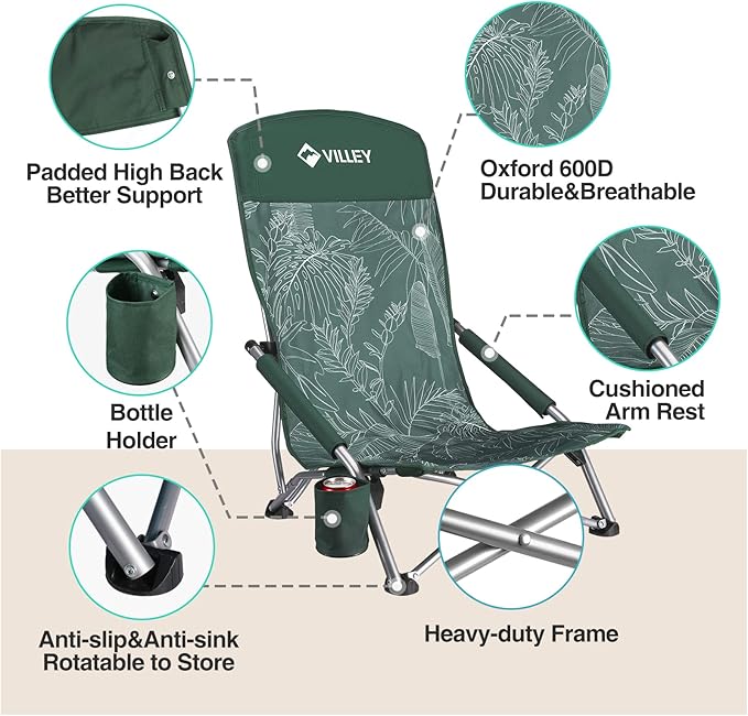 VILLEY Low Beach Chair, High Back Folding Adult Chair, Lightweight & Portable for Outdoor, Beach, Camping, Lawn, Music Festival, with Cup Holder & Carry Bag - Vintage Green Leaves