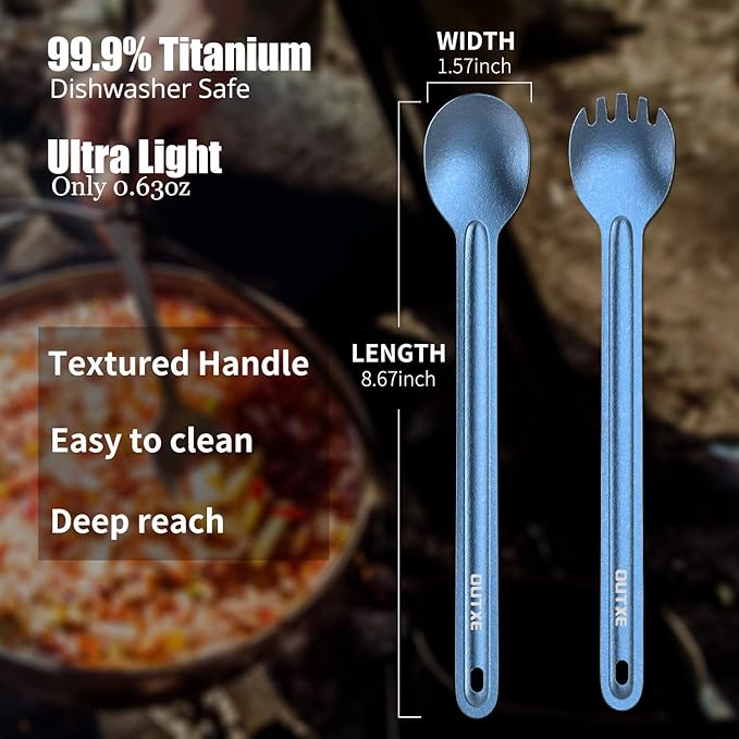 OUTXE Titanium Long Handle Spork and Spoon, 8.7-Inch Camping Set