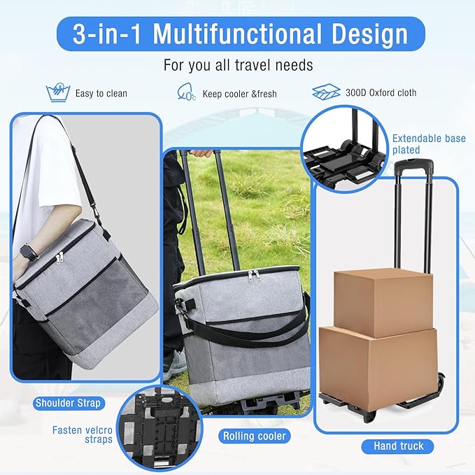 Collapsible Large Rolling Cooler 60-Can/40L,3-in-1 Insulated Soft Cooler Bag,Adjustable Wheels&Handle, Rolling Cooler Cart for Beach Camping Travel Outdoor Hot Takeout Orders