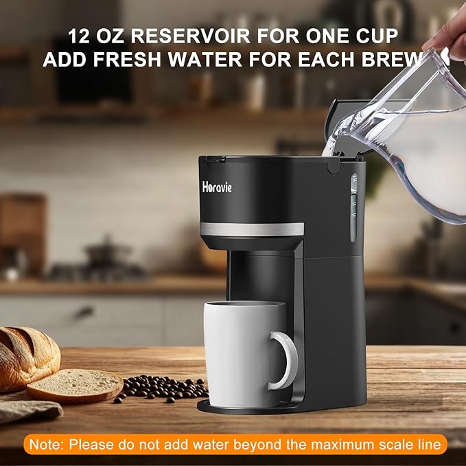 Small Single Serve Coffee Maker for K Cup and Grounds, Fast Brew One Cup Coffee Machine with 12 Oz Reservoir, Compact Size for Home Office RV and Travel, Black