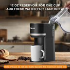Small Single Serve Coffee Maker for K Cup and Grounds, Fast Brew One Cup Coffee Machine with 12 Oz Reservoir, Compact Size for Home Office RV and Travel, Black